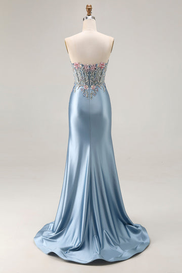 Grey Blue Mermaid Sweetheart Appliqued Corset Beaded Long Prom Dress With Slit